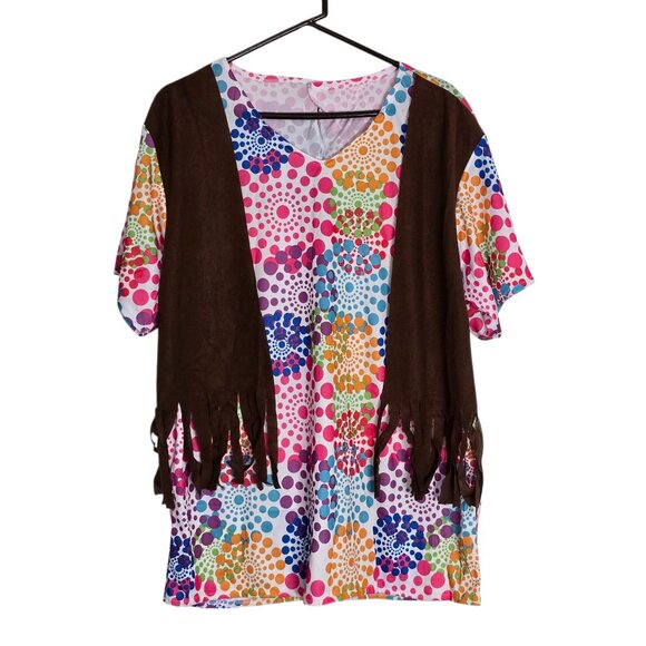 Hippie Boho Sonny & Cher Costume Shirt w/ 1/2 Sewn onto Brown Vest w/ Tassles - Picture 1 of 4